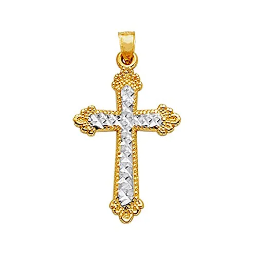 14k 2 Tone Gold Diamond Cut And Milgrain Finish Cross Pendant