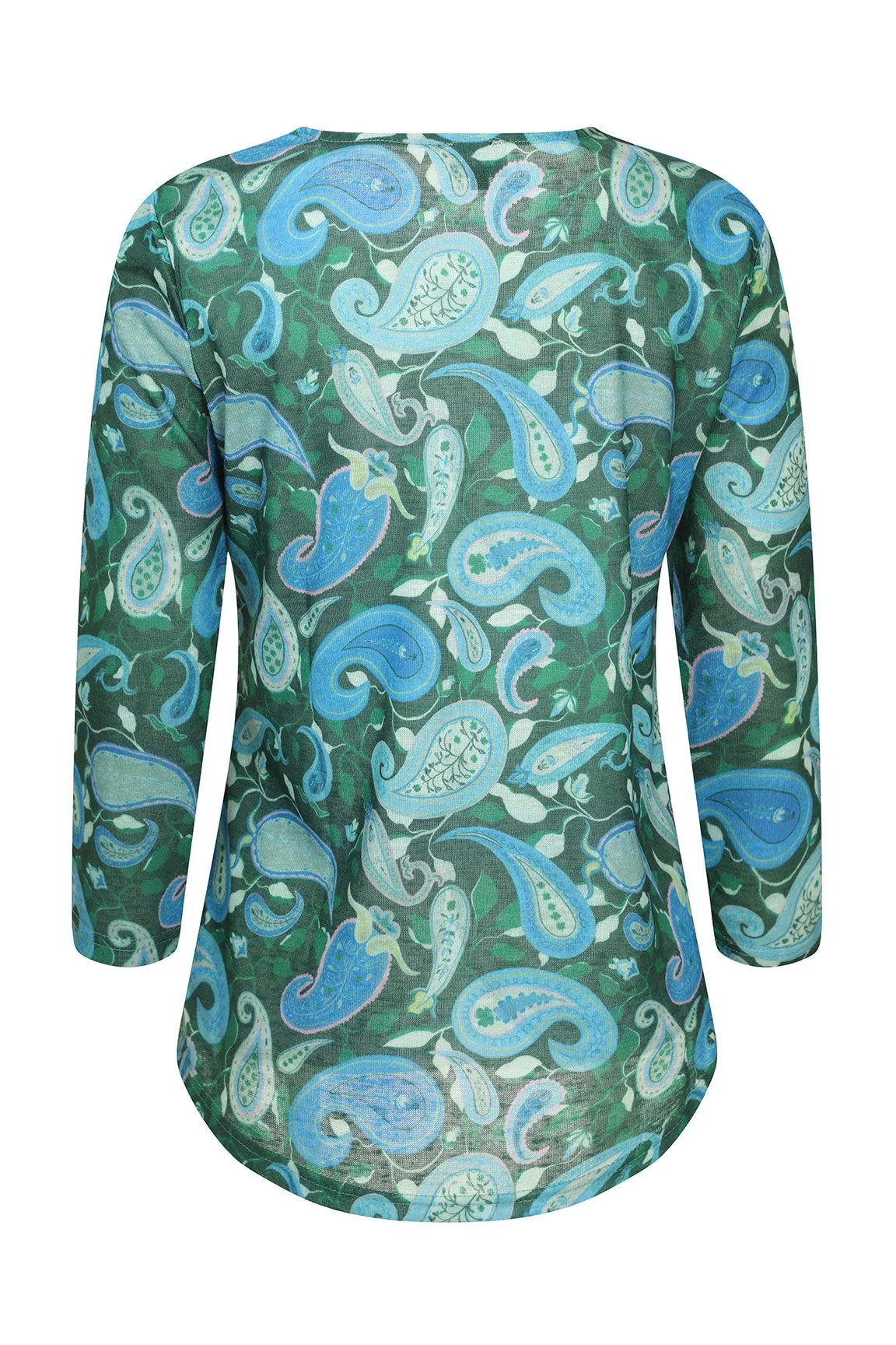 3/4 Sleeve Top with hi lo hemline | Green Sky Paisley | 6801ZR