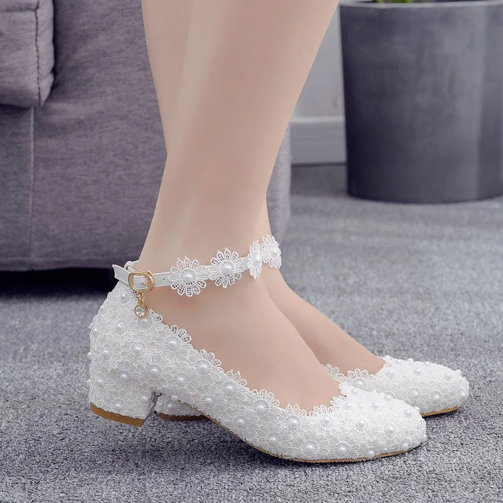 3CM High Heels Women Shoes White Lace Wedding Footwear Sexy Bridal Party Pointed Toe Shallow Mouth