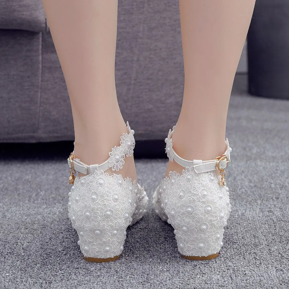 3CM High Heels Women Shoes White Lace Wedding Footwear Sexy Bridal Party Pointed Toe Shallow Mouth