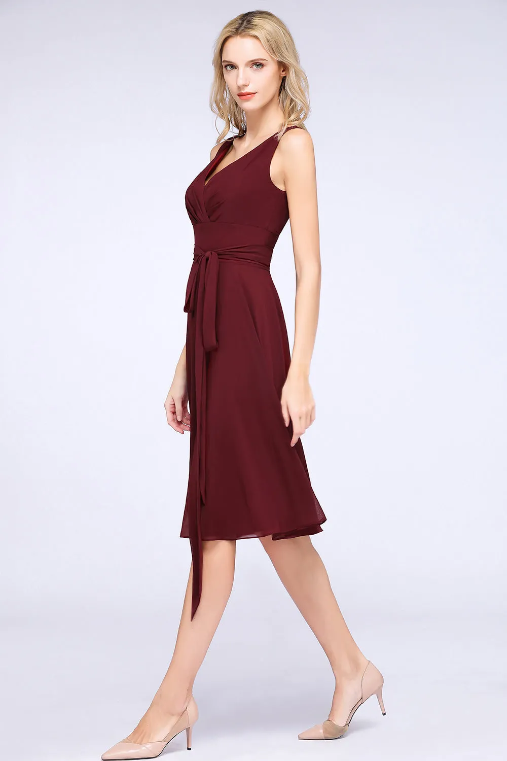 A-Line Chiffon Straps V-Neck Short Bridesmaid Dress with Bow Sash