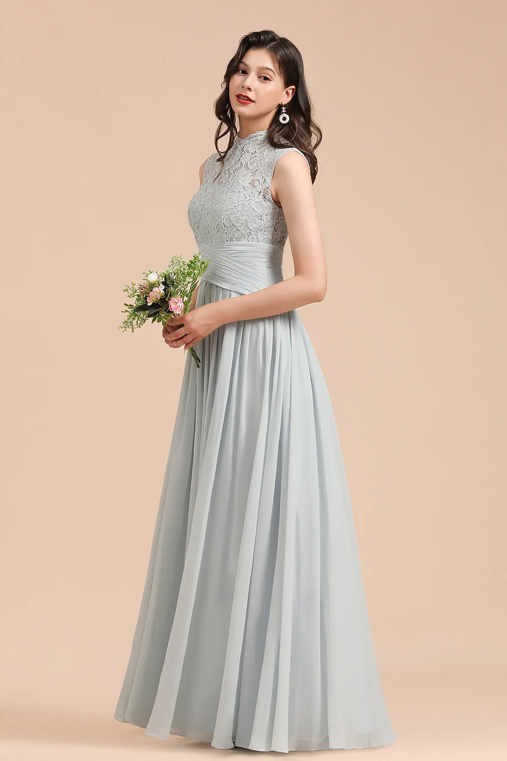 A-line High Neck Lace Chiffon Long Bridesmaid Dress