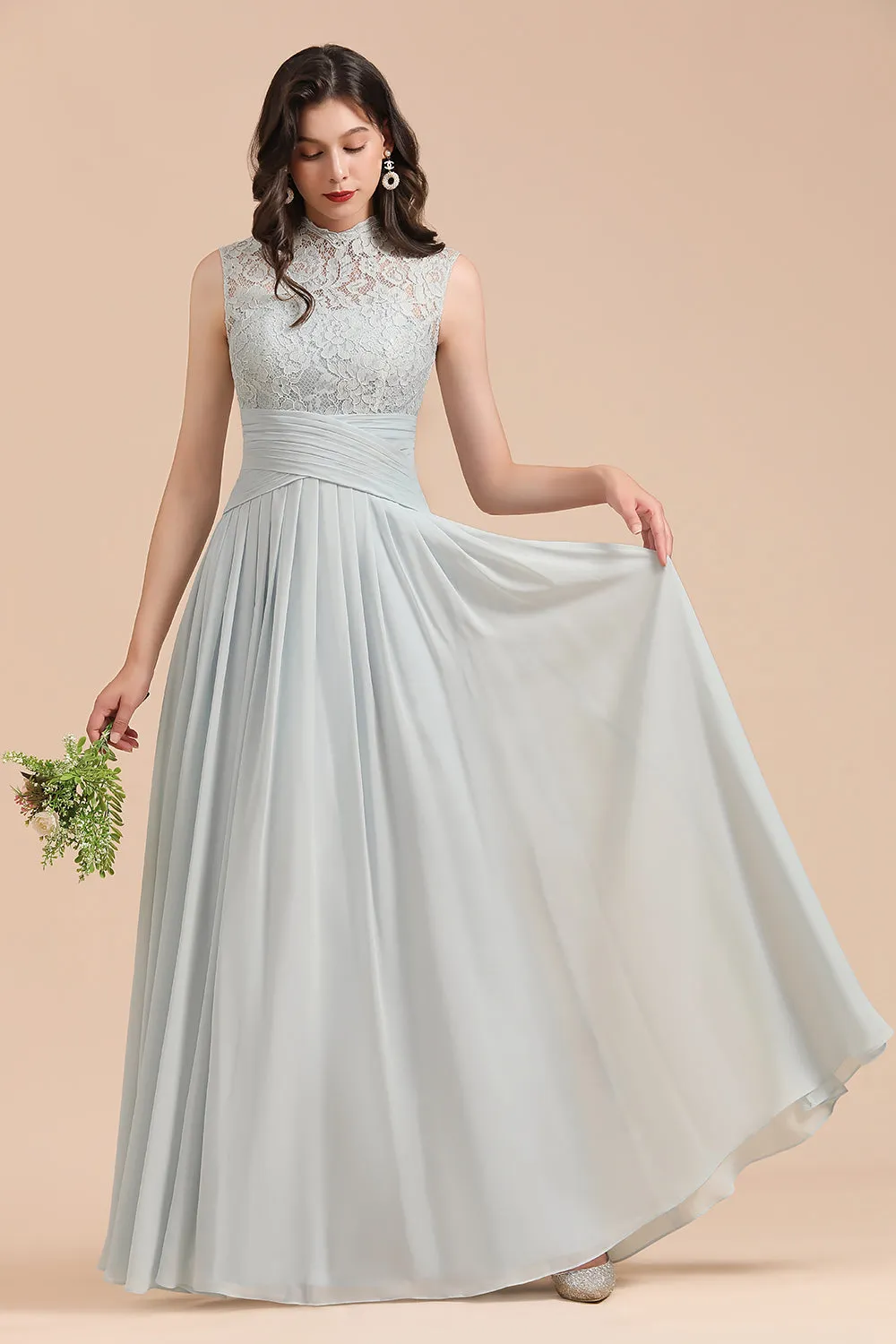 A-line High Neck Lace Chiffon Long Bridesmaid Dress