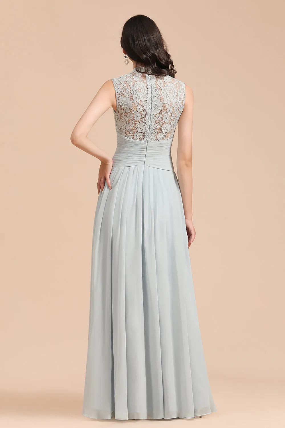 A-line High Neck Lace Chiffon Long Bridesmaid Dress