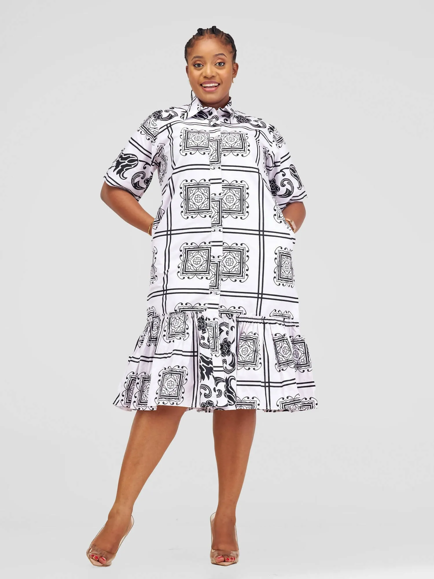 Afafla Ankara Button Shirt Dress - White