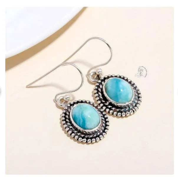 Amazing Larimar Oval Shaped Gemstone 925 Sterling Silver Earrings