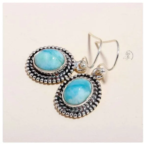 Amazing Larimar Oval Shaped Gemstone 925 Sterling Silver Earrings