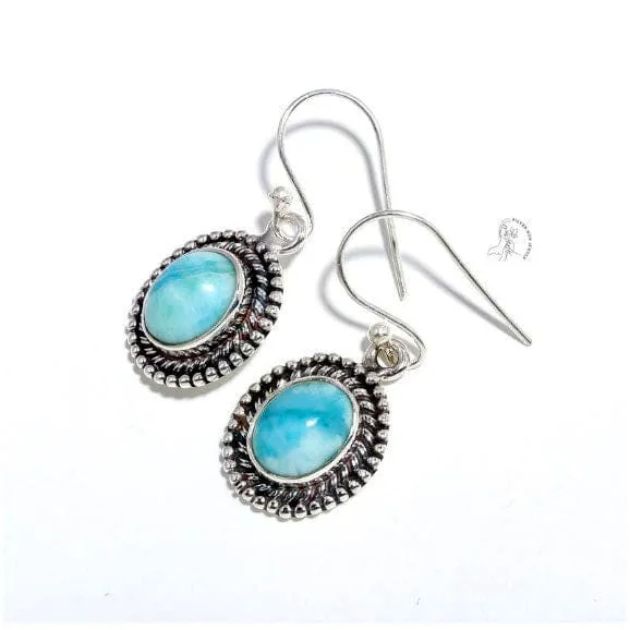 Amazing Larimar Oval Shaped Gemstone 925 Sterling Silver Earrings