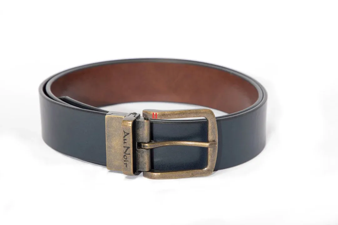 AU NOIR Reversible Belt | Strauss Brass, Tan-Navy