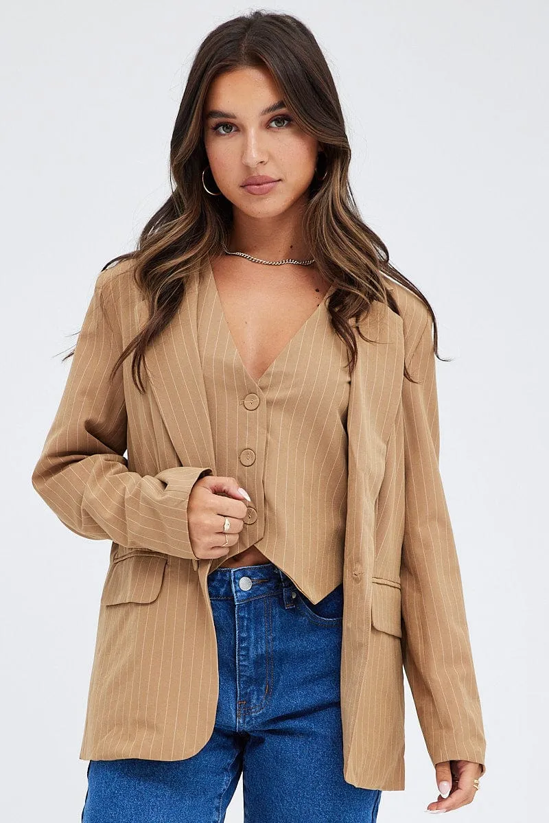 Beige Blazer Long Sleeve Tailored Single Breasted