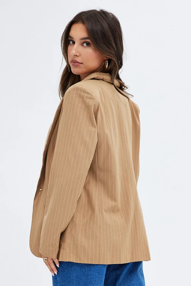 Beige Blazer Long Sleeve Tailored Single Breasted