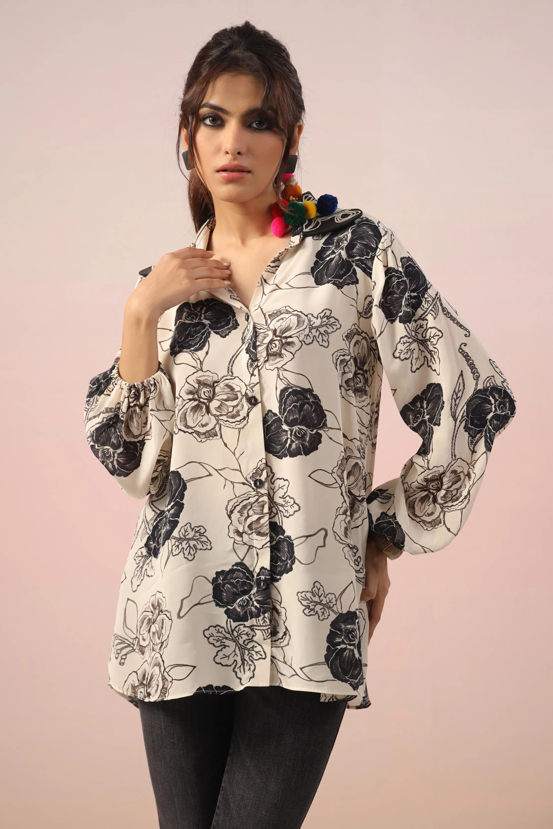 Black & White Floral Printed Crepe Silk Short Top