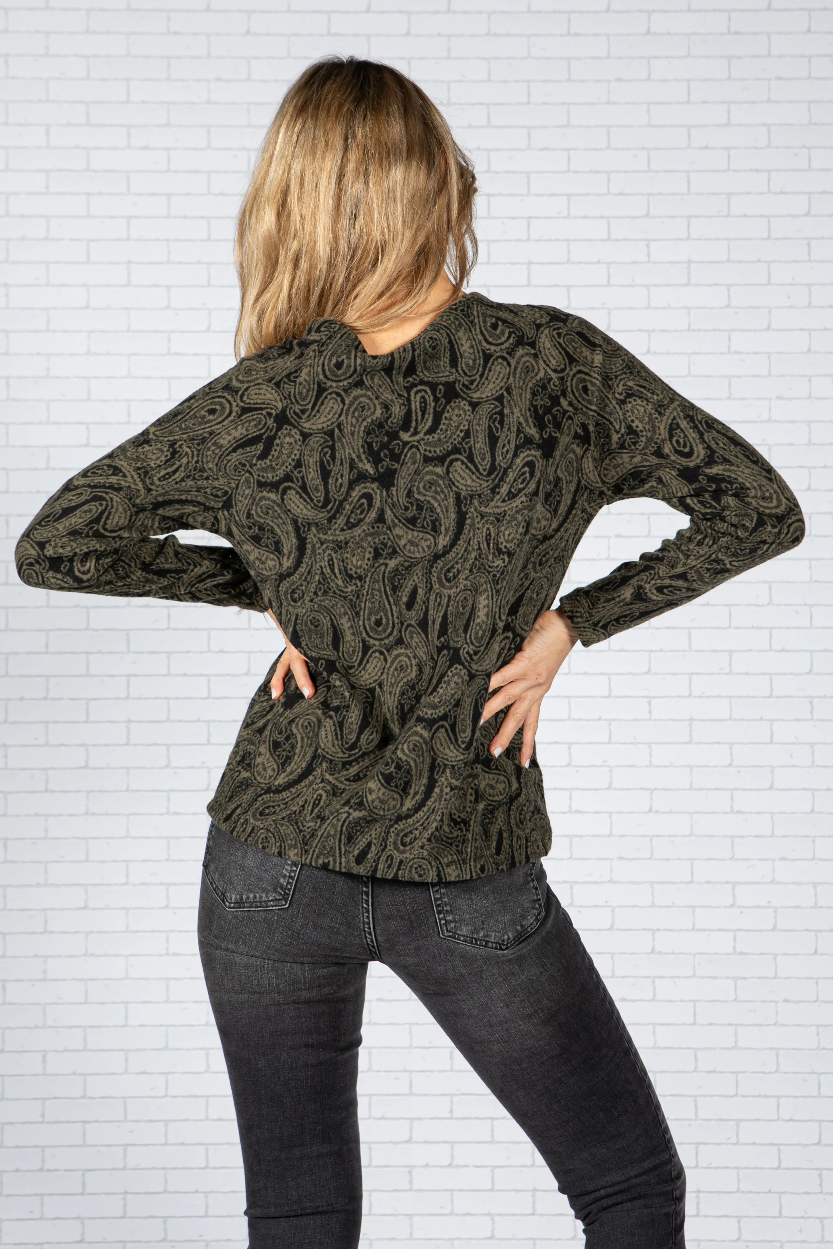 Black and Khaki Paisley Print Top