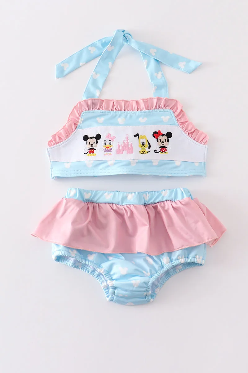 Blue character castle embroidery 2pc girl swimsuit