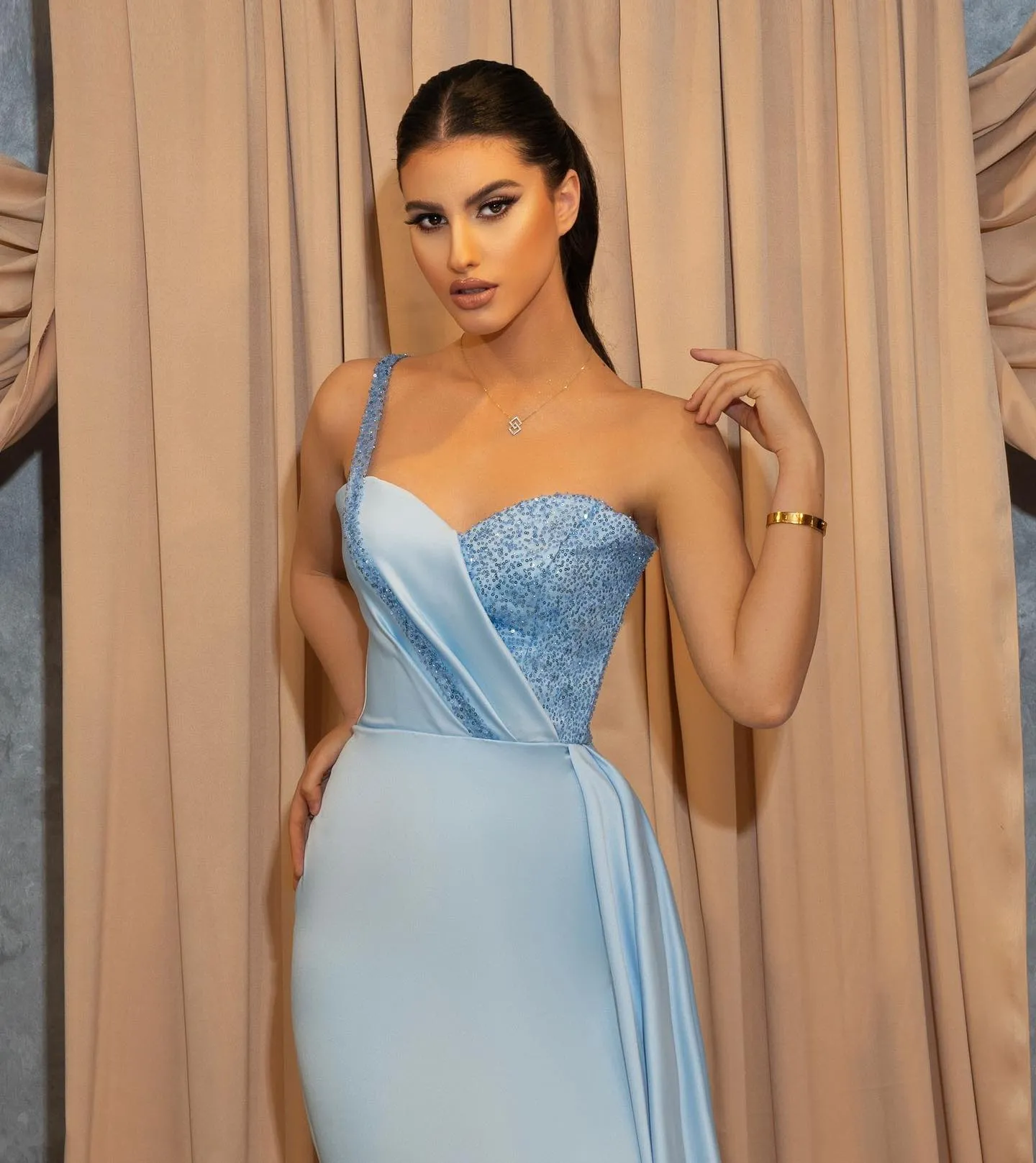 Blue Long A-Line One Shoulder Sweetheart Prom Dress With Slit