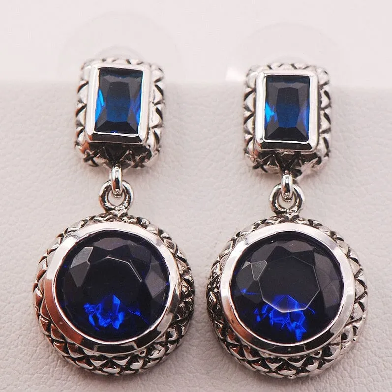 Blue Vintage Sapphire Zircon Crystal Earrings - 925 Sterling Silver