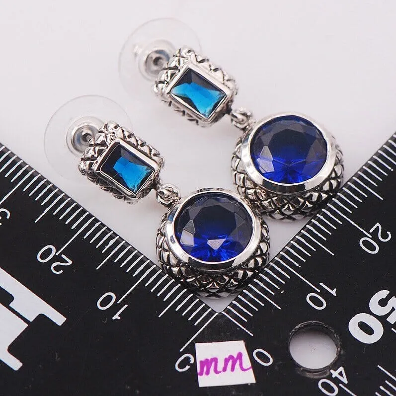 Blue Vintage Sapphire Zircon Crystal Earrings - 925 Sterling Silver