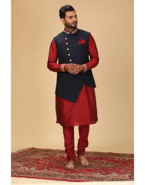 BluesnGreys Maroon and Blue Nehru Jacket Set - Rent