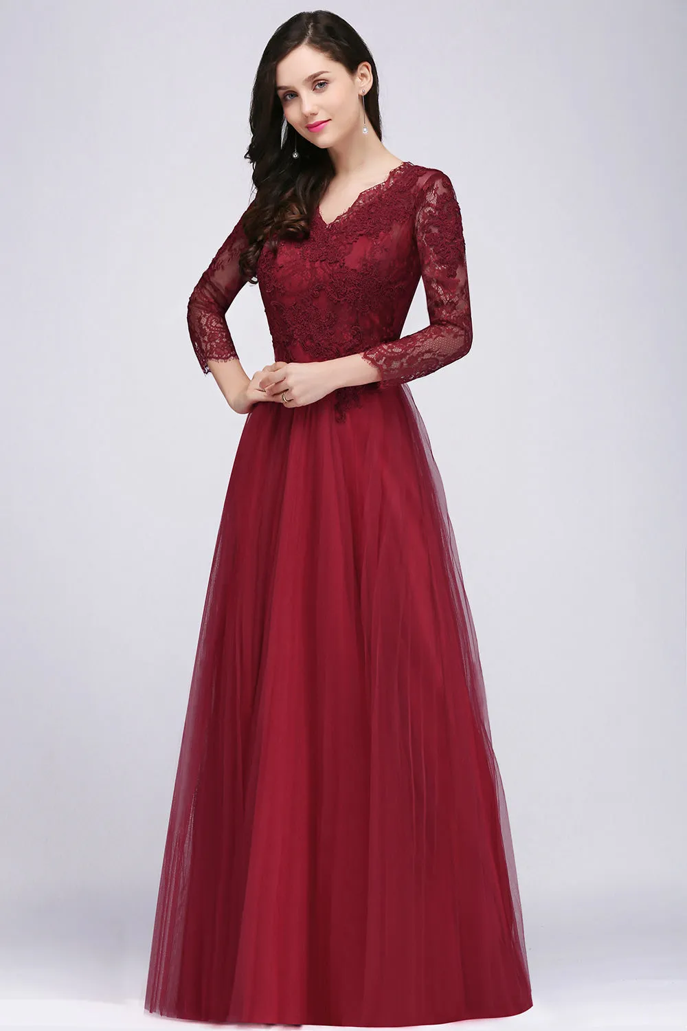 Burgundy Long A-line V-Neck Lace Tulle Bridesmaid Dresses with Sleeves