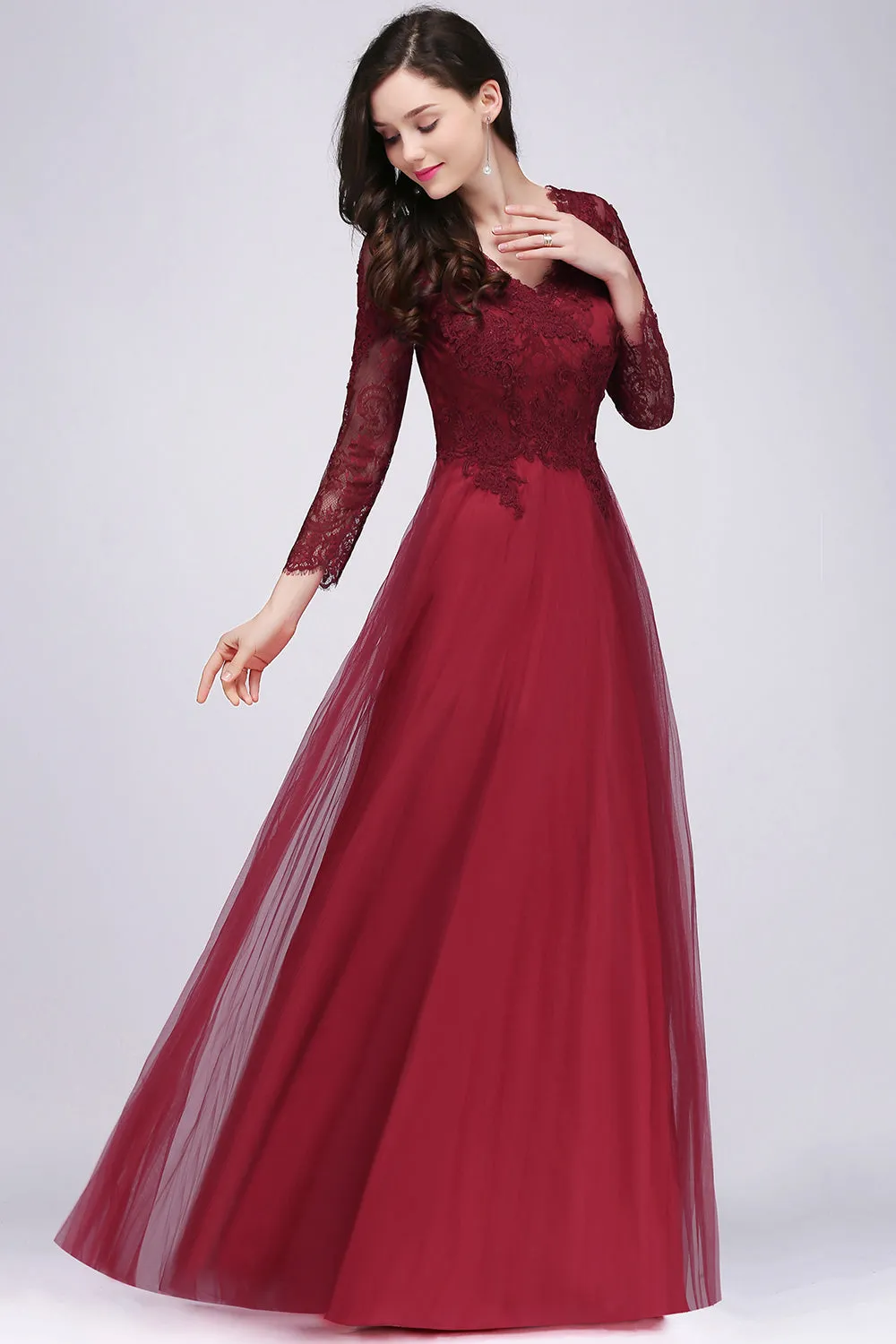 Burgundy Long A-line V-Neck Lace Tulle Bridesmaid Dresses with Sleeves