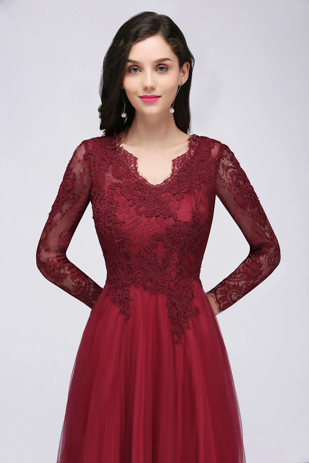 Burgundy Long A-line V-Neck Lace Tulle Bridesmaid Dresses with Sleeves