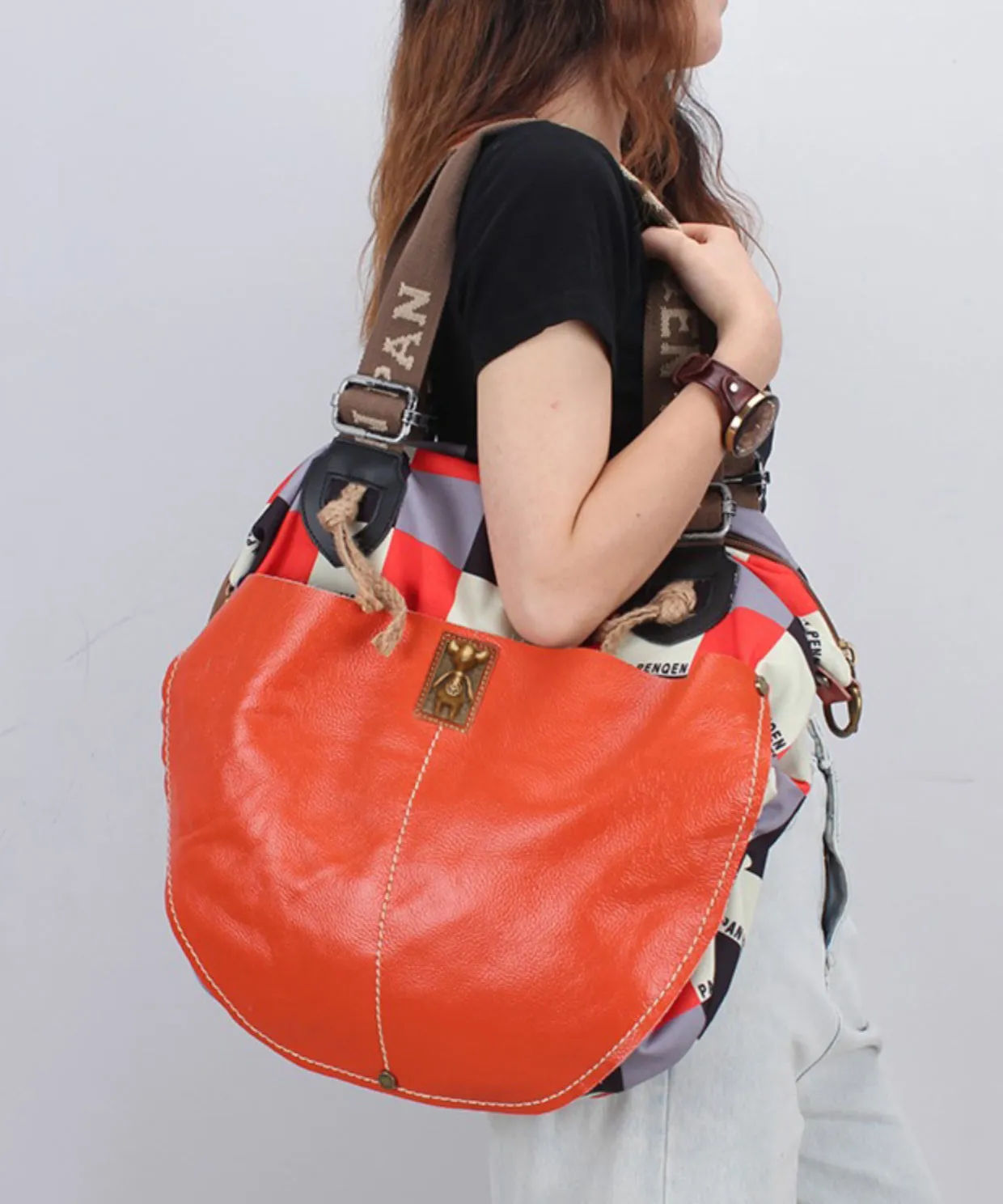 Casual High-Capacity Cowhide Patchwork Canvas Satchel Bag Handbag ZX1037