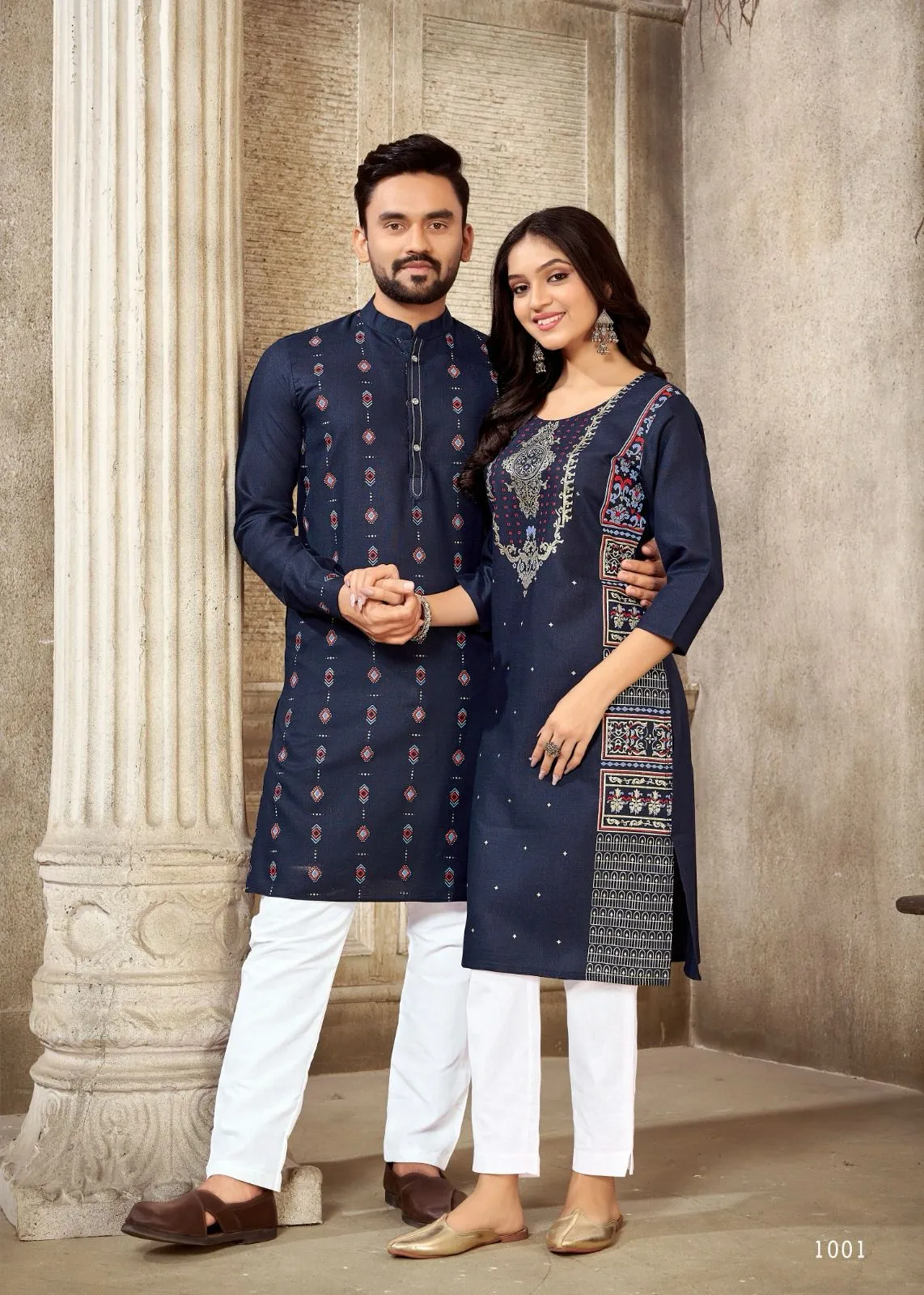 Couple Wear Cotton Indian Traditional Blue Same Color Matching Outfits Set