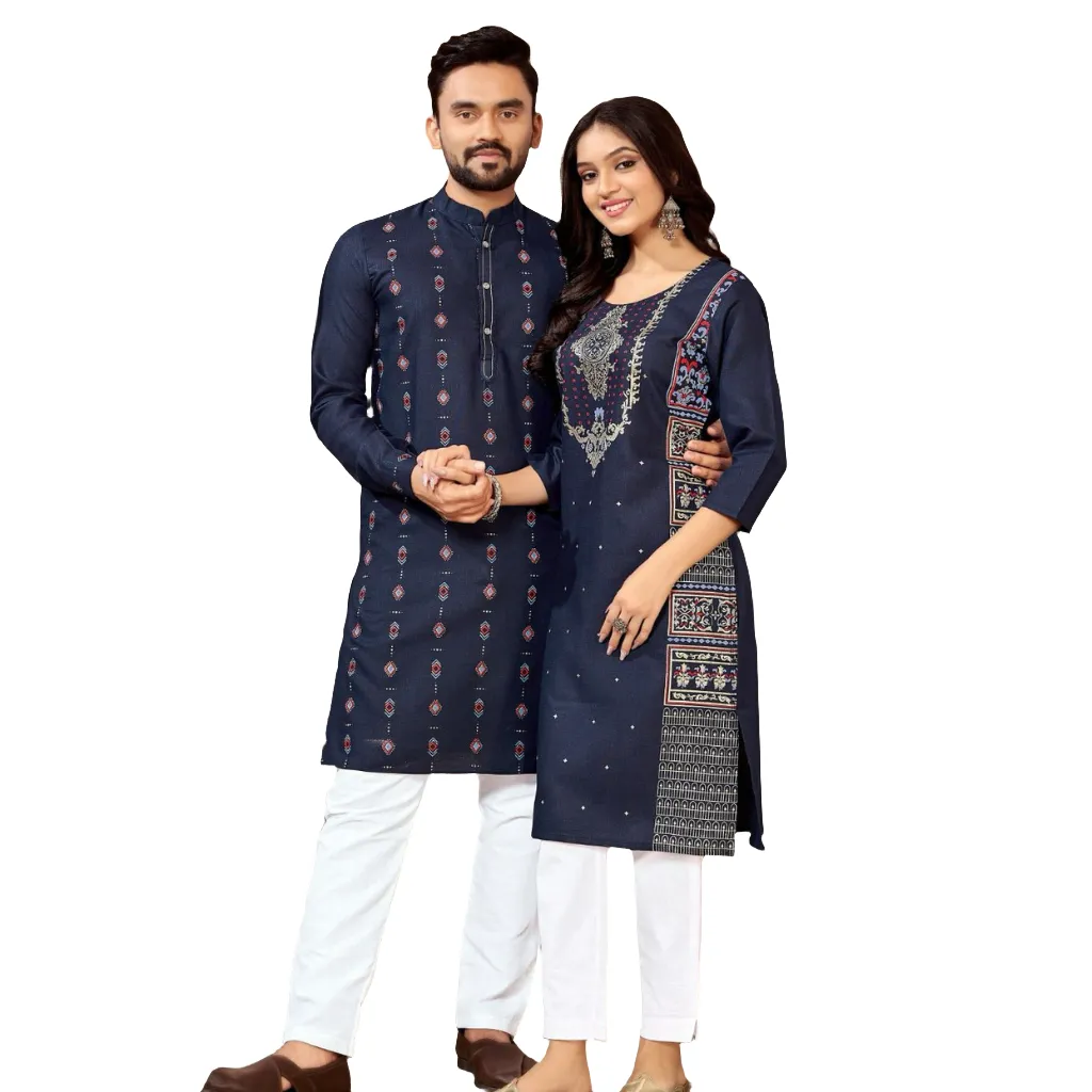 Couple Wear Cotton Indian Traditional Blue Same Color Matching Outfits Set