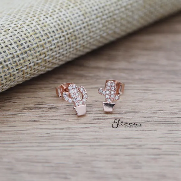 Cubic Zirconia Paved Cactus Stud Earrings with Sterling Silver Post