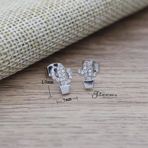 Cubic Zirconia Paved Cactus Stud Earrings with Sterling Silver Post