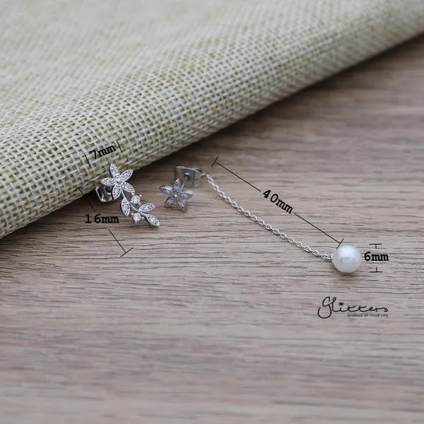 C.Z Flower Sterling Silver Post Stud Earrings with Drop Chain Pearl