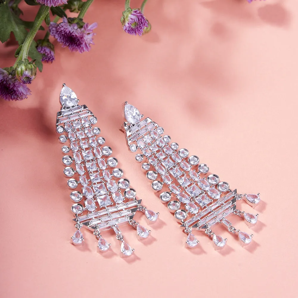 Ethereal White Serenade: Brass Rhodium CZ Earrings