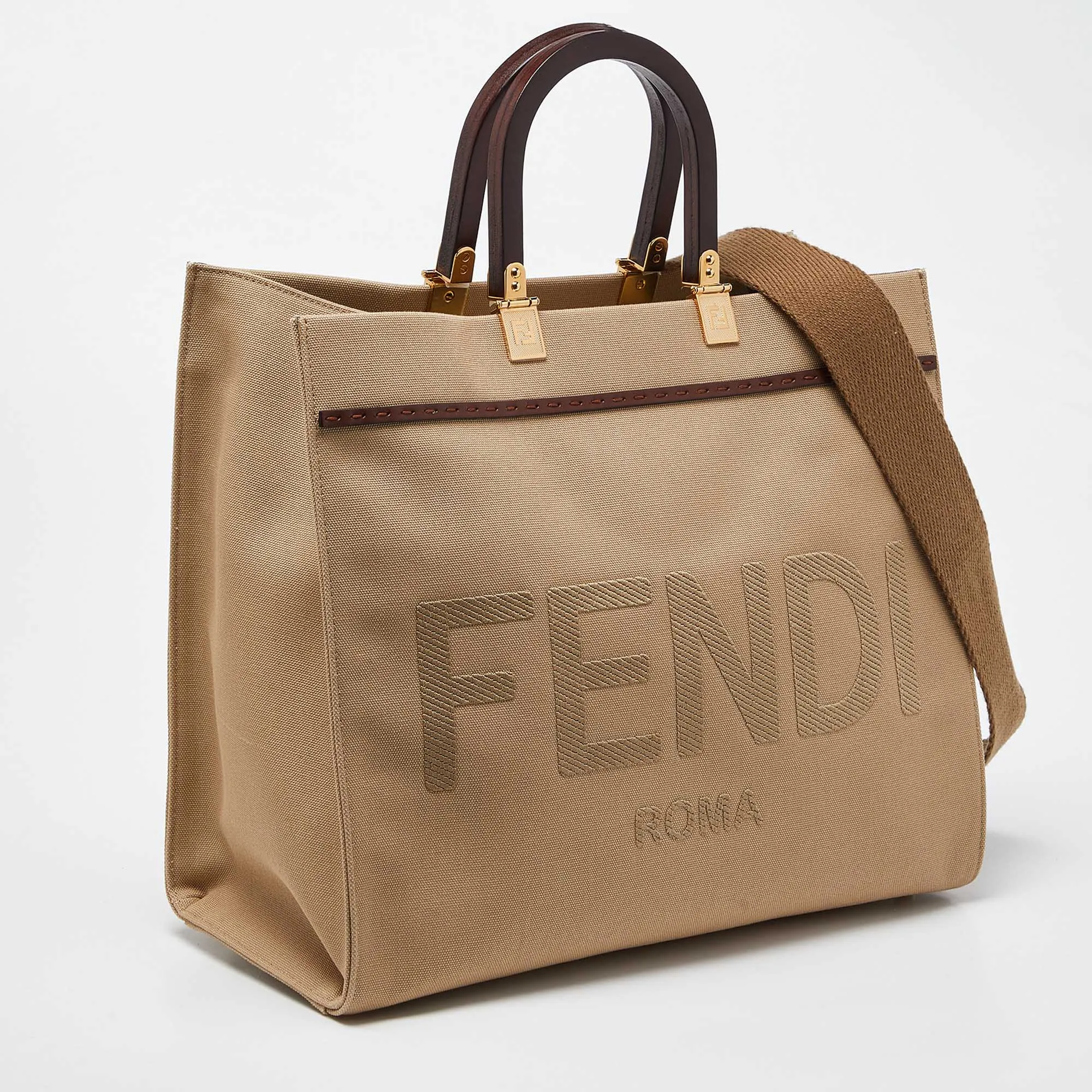 Fendi /brown Canvas And Leather Medium Sunshine Tote