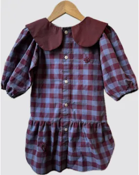 Gloria Upcycled Maroon and Blue Plaid Dress- 2/3Y