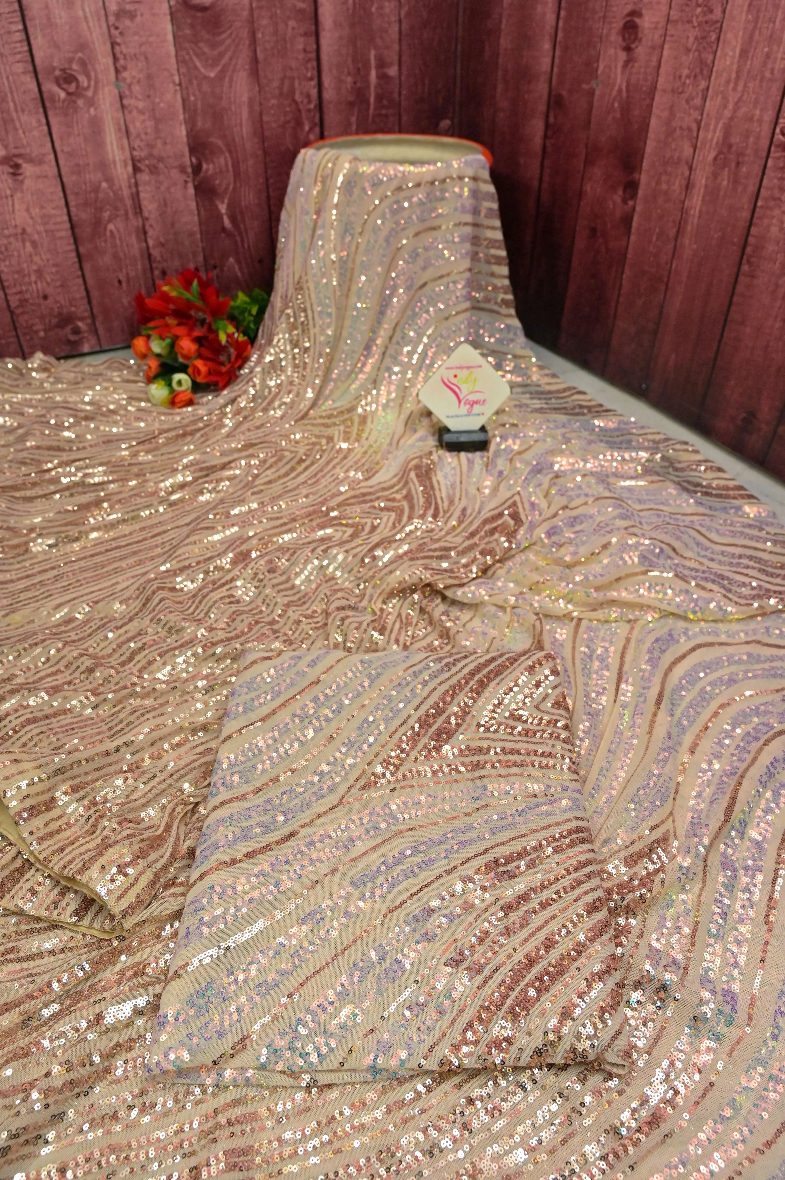 Golden Offwhite Color Designer Net Saree with Sequin Work