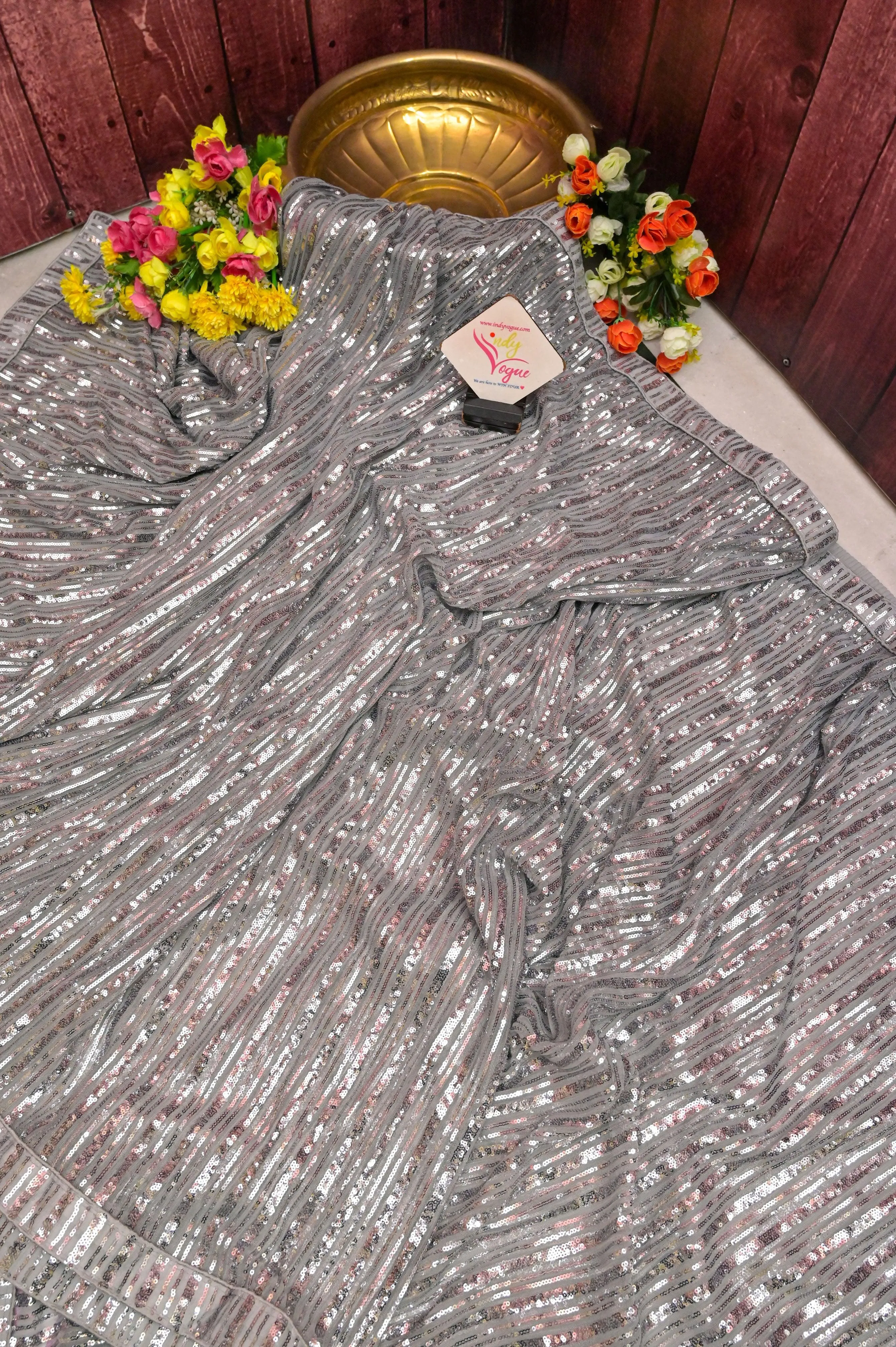 Grey Color Designer Net Saree with Sequin Work