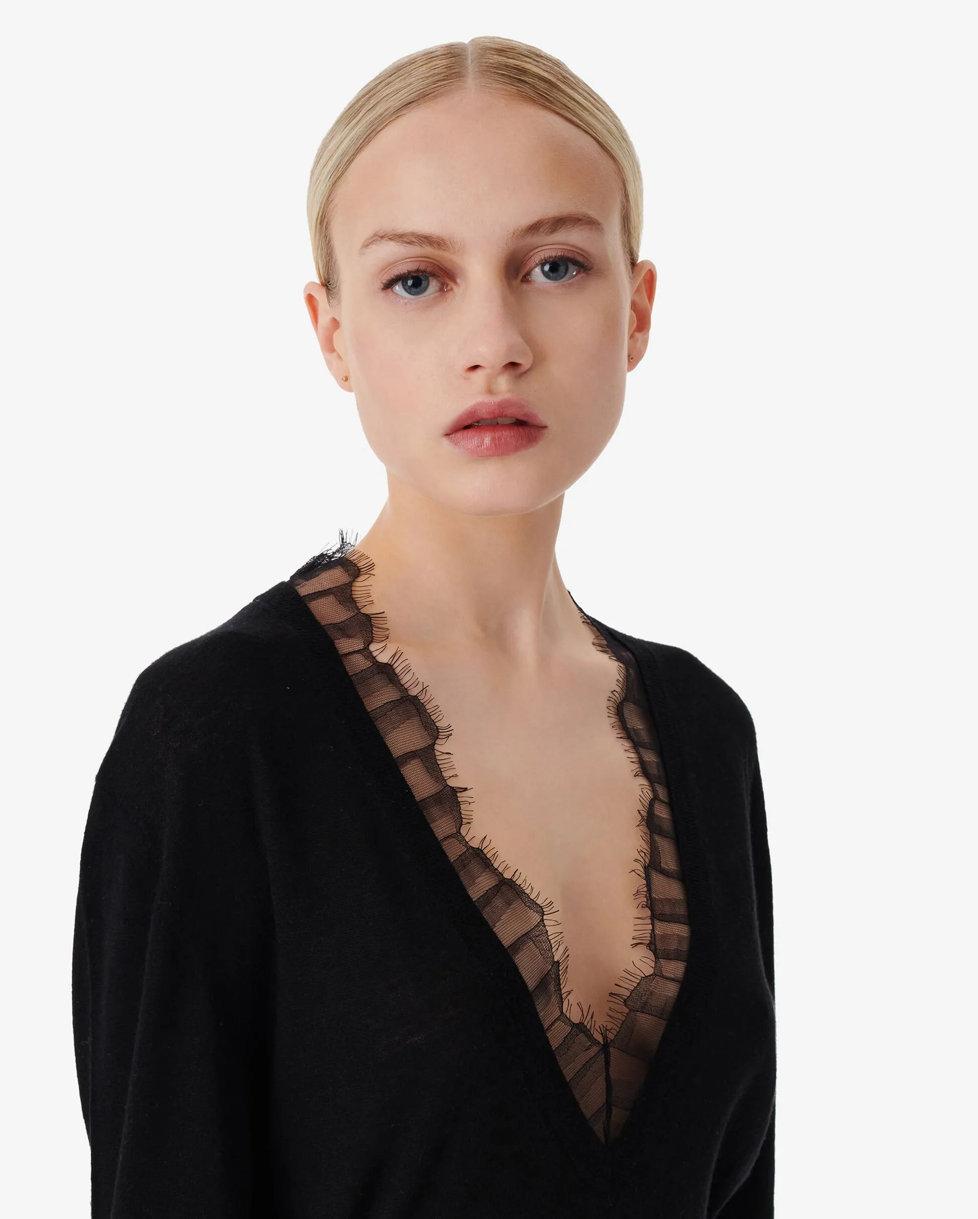 HABY LACE V-NECK SWEATER / BLACK