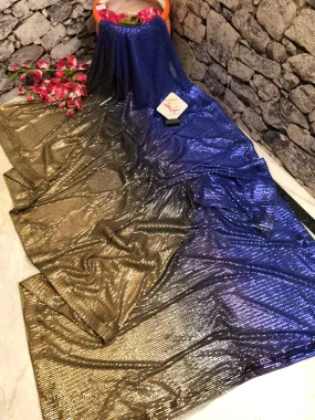 Indigo Blue and Golden Color Designer Net  Saree with Sequin Weaving