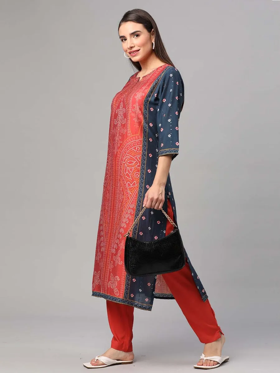 Indigo Rust Ornamental Printed Kurta Trouser Dupatta