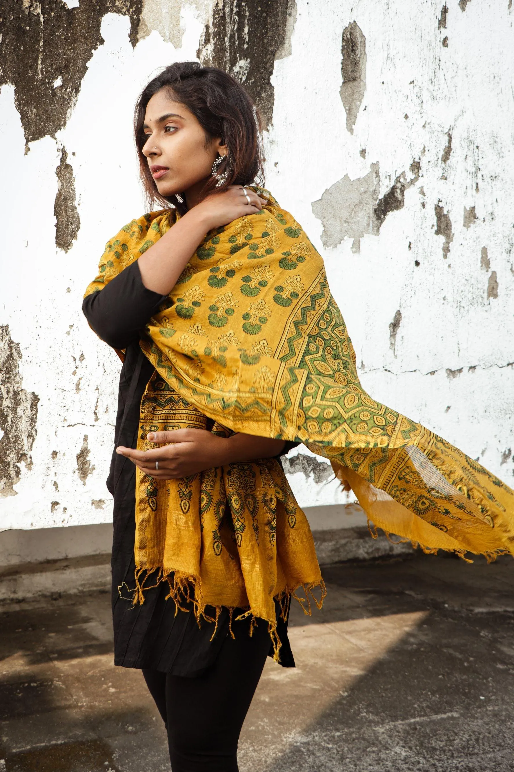 Kaisori Ajrakh Mustard Chanderi Dupatta