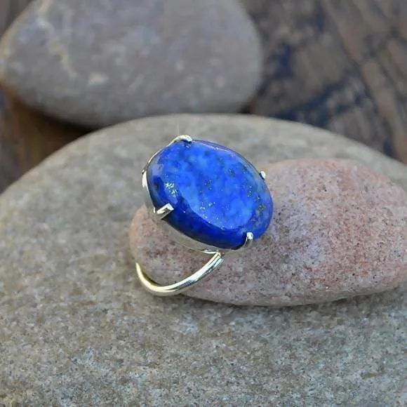 Large Lapis Lazuli Ring -Lapis Ring - Prong Set Ring - 925 Sterling Silver Ring - Lapis Lazuli Gemstone-  Lapis Lazuli Jewelry, Nickel Free