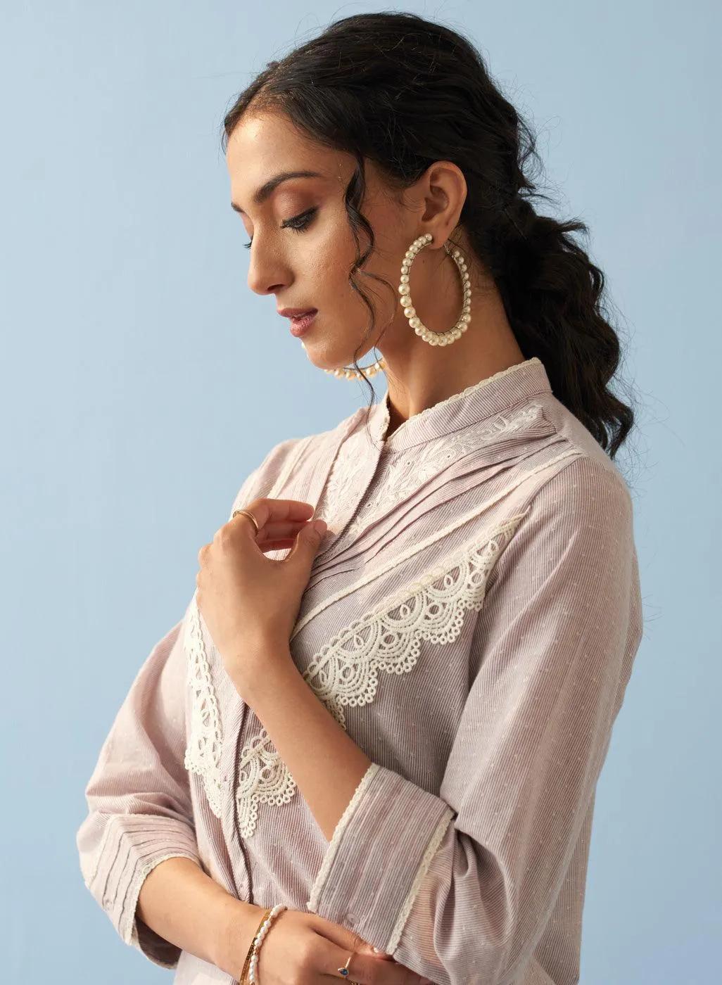 Lavender Embroidered Shirt with Lace Detailing