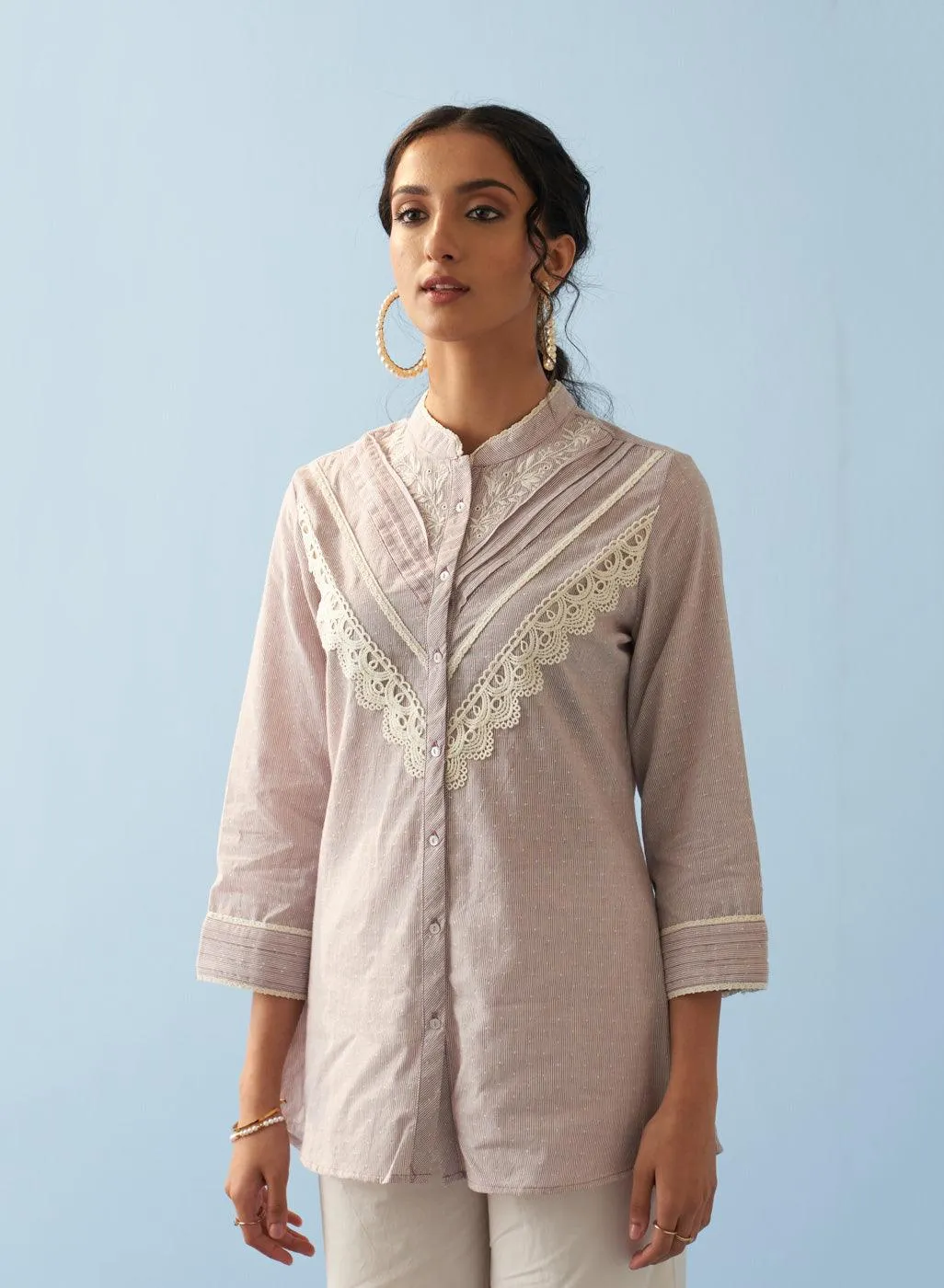 Lavender Embroidered Shirt with Lace Detailing