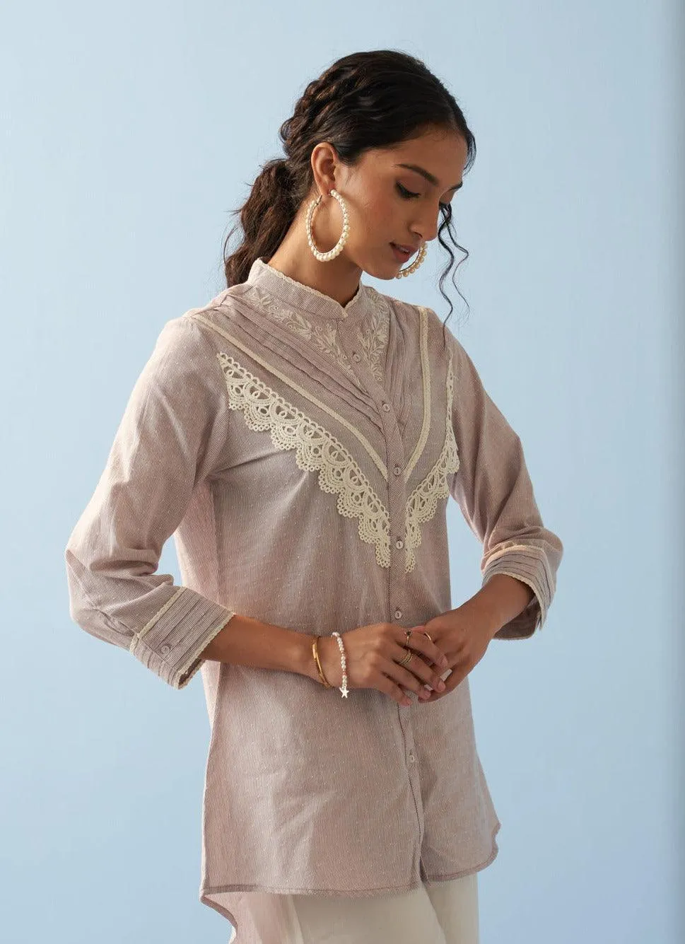 Lavender Embroidered Shirt with Lace Detailing