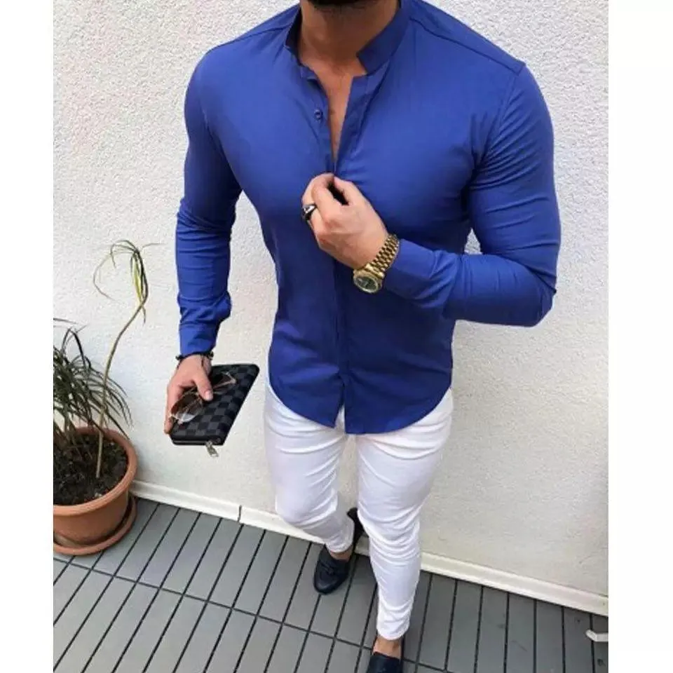 Men's Stylish Royal Blue Stand Collar Cotton Button-Up Shirt For Men