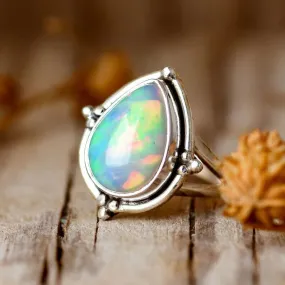 Natural Ethiopian Opal 925 Sterling Silver Pear Gemstone Designer Elegant Ring