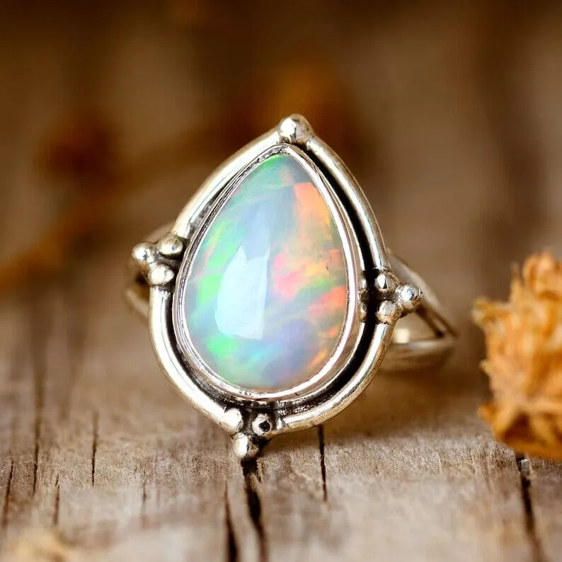 Natural Ethiopian Opal 925 Sterling Silver Pear Gemstone Designer Elegant Ring