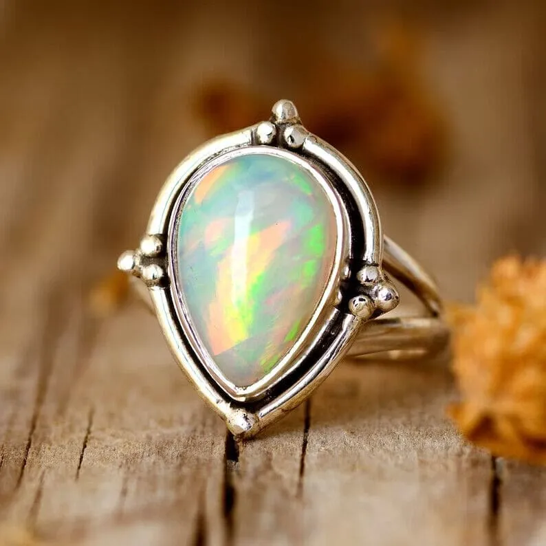 Natural Ethiopian Opal 925 Sterling Silver Pear Gemstone Designer Elegant Ring