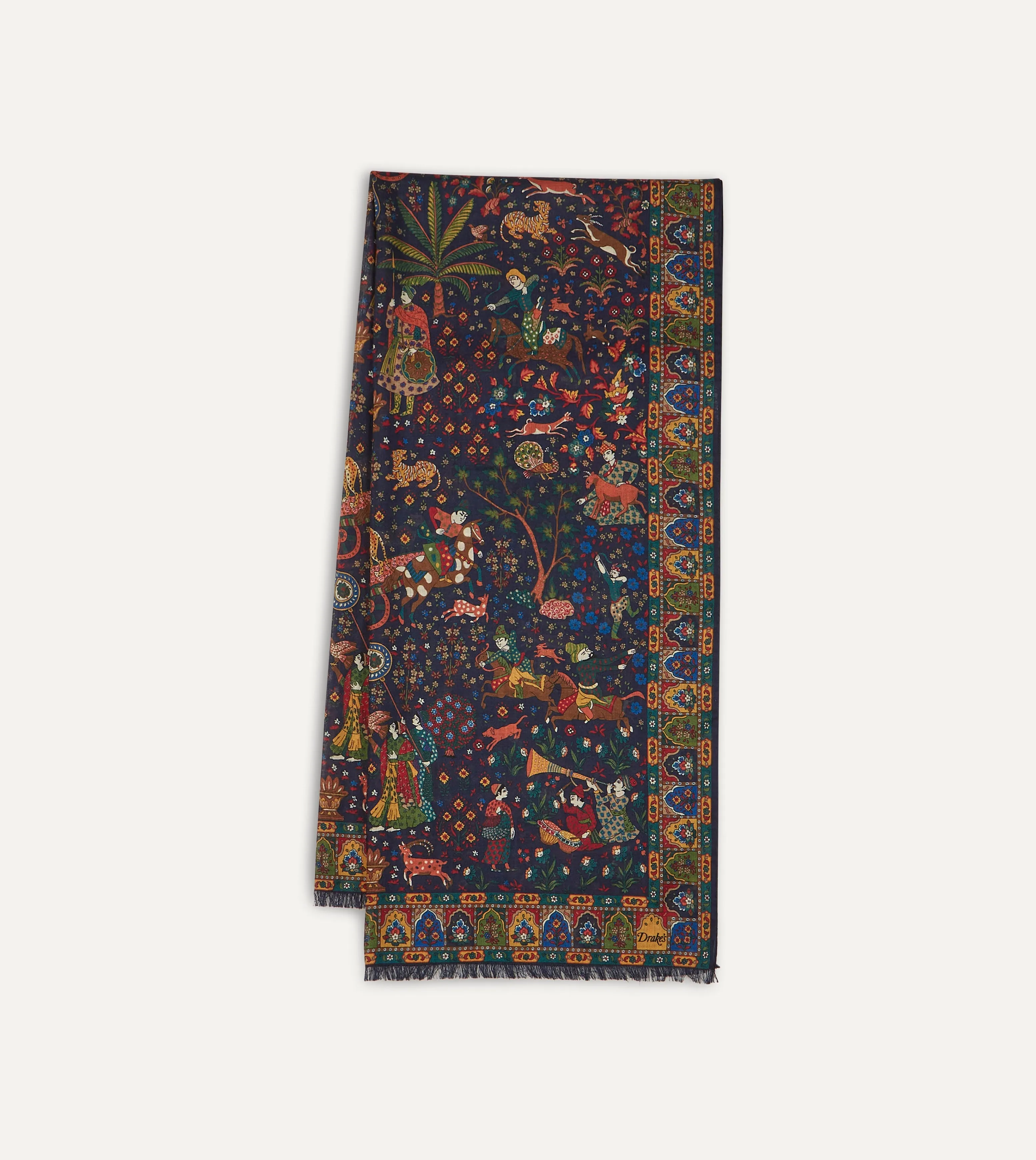 Navy Mughal Hunter Print Wool-Silk Scarf