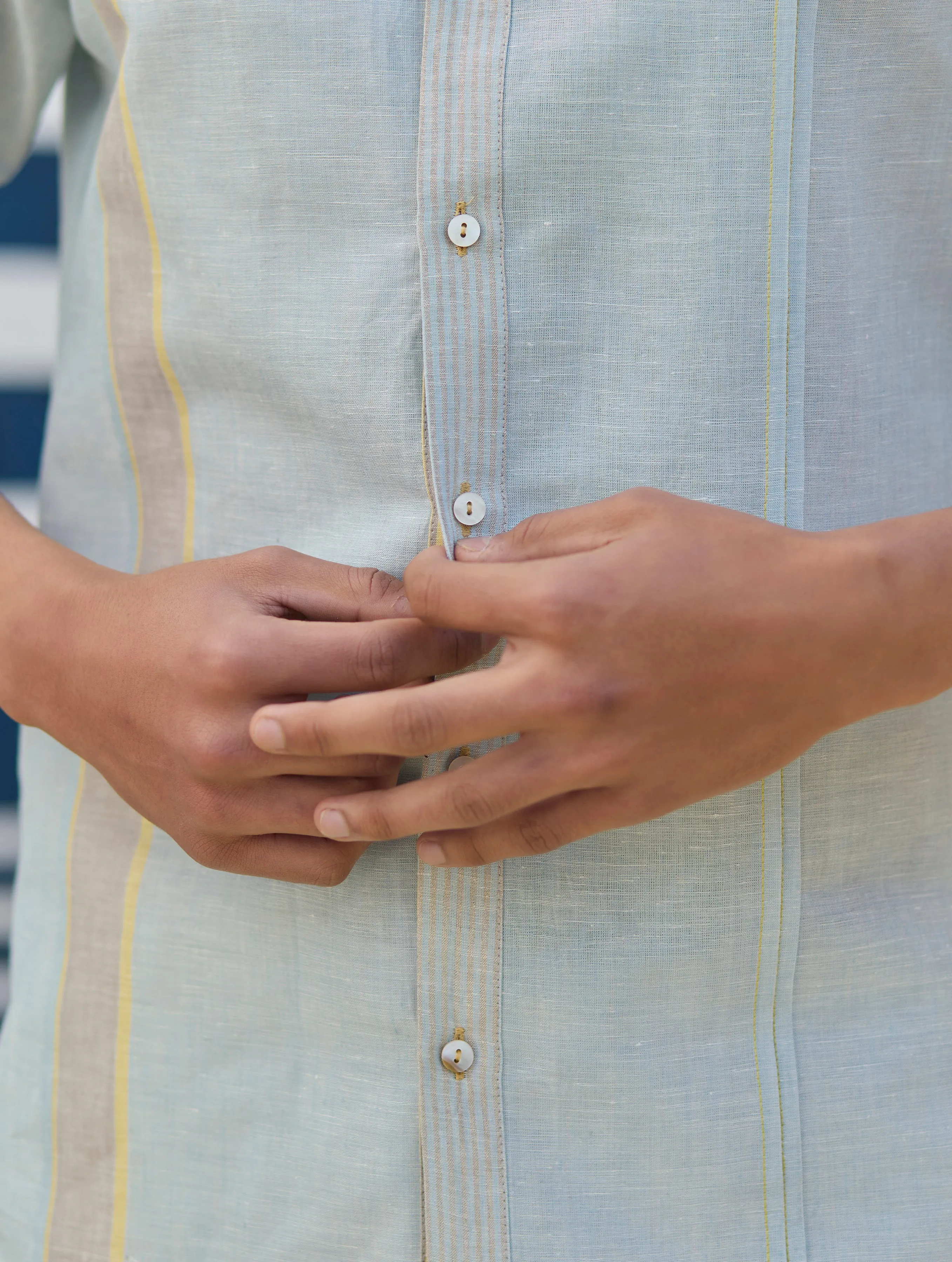 Niko Border Linen Shirt - Sky